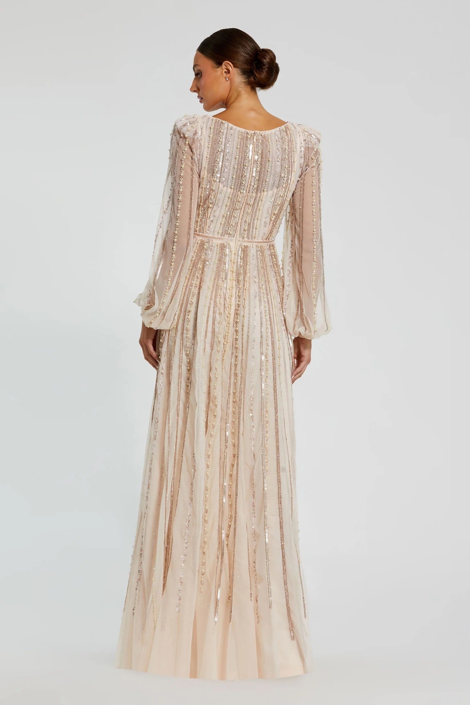 Boat Neck Long Sleeve Gown With Striped Beading