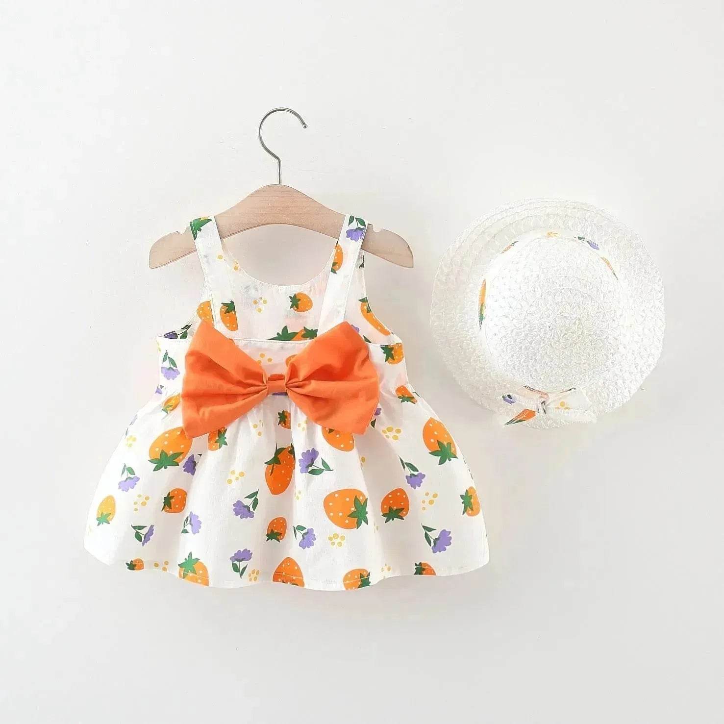 Baby Girl Floral Princess Dress with Matching Hat – Cotton Suspender Sundress for Toddlers