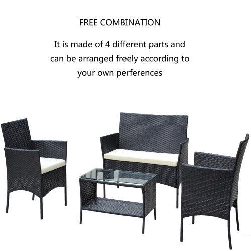 4 PC Rattan Patio Furniture Set Outdoor Patio Cushioned Seat Wicker Sofa Beige Cushion