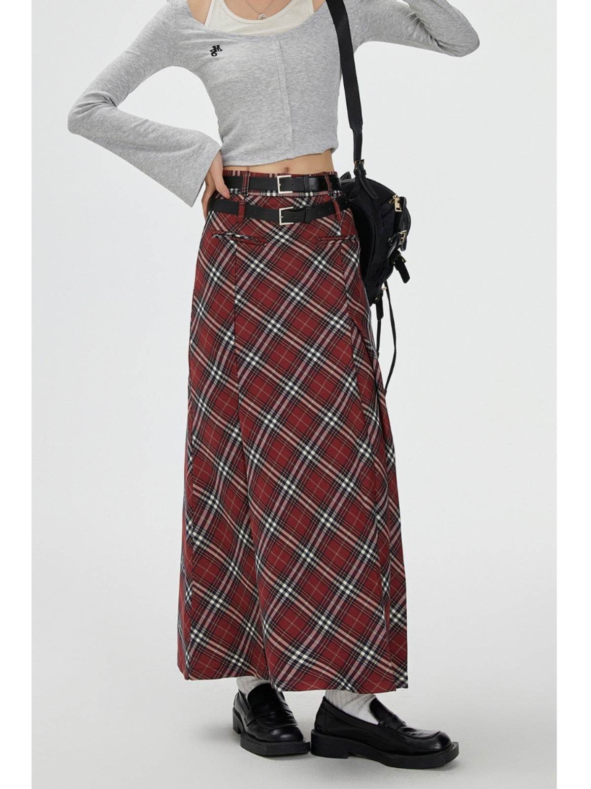 Retro Plaid High Waist student maxi Skirt