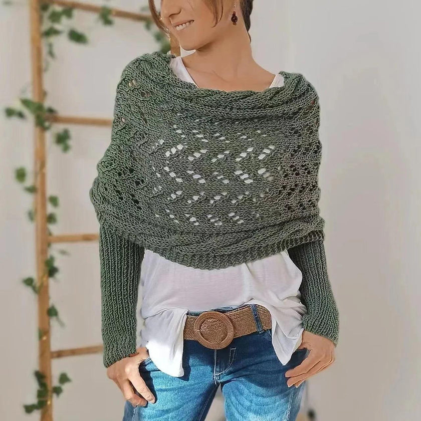 Autumn And Winter Warm Knitted Shawl top Women's Hollowed-out Double Sleeve