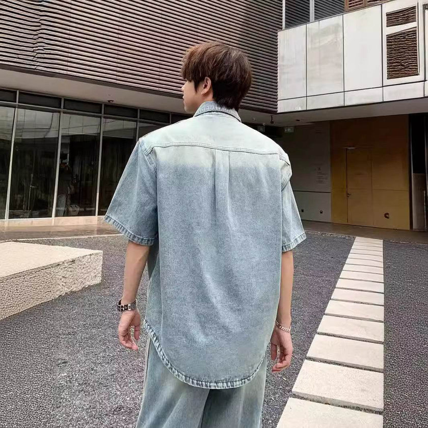 Retro Side Three Bar Stripes Short Sleeve Denim Shirt Outfit Men Jeans