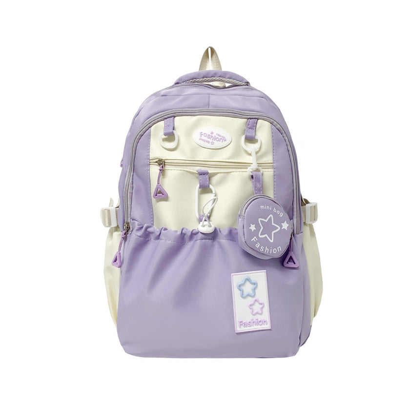 Kawaii Star Patch School Backpack for Girls – Large Capacity Nylon Bag