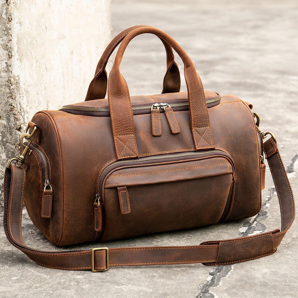 🧳 Vintage Leather Travel Duffel Bag – European Retro Weekend Luggage
