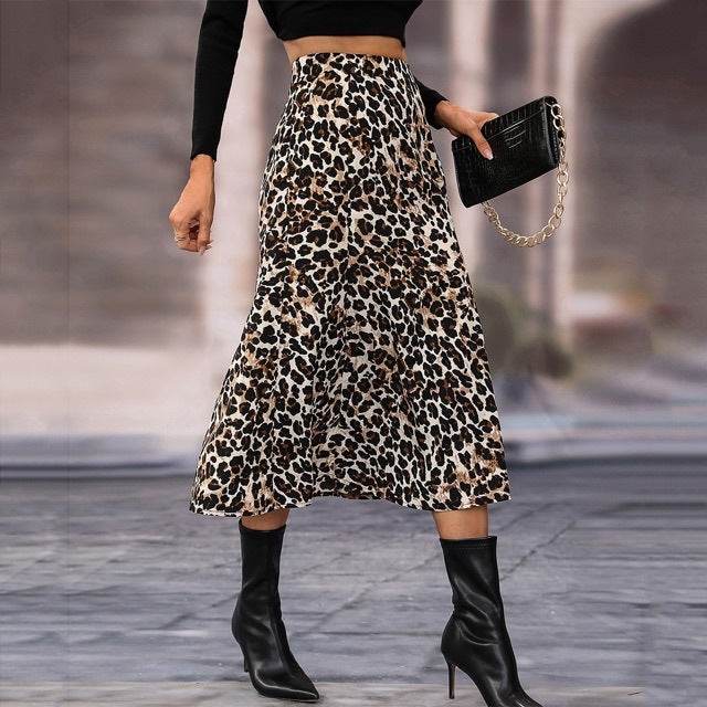 Women's A- Line Umbrella Skirt High Waist Leopard Print Midi sheath Skirt