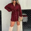 Elegant Women's Long Sleeve  Button down Shirt Dress  Fashionable Short Outfit Set Two piece Suit  Set