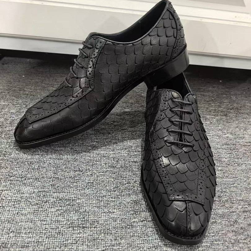 Men's Dragon Scale Pattern Formal Leather Derby Shoes | British Style
