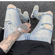 Destroyed ripped Denim jeans Pant men straight leg men
