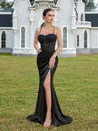 Black Satin Corset Gown with Lace Bodice and High Slit – Elegant Evening Dress