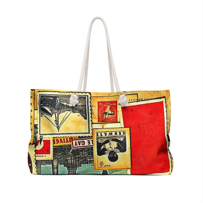 Vintage Travel Postcards Weekender Bag | Retro Stamp Collage, Large Tote Bag