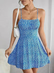 Women Fashion Printed Casual Spaghetti Strap Backless Mini Skater Dress