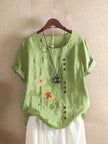 Women's Casual Printed Cotton Linen Short Sleeve Blouse Top