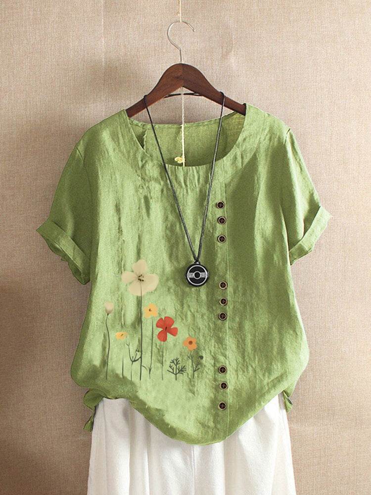 Women's Casual Printed Cotton Linen Short Sleeve Blouse Top