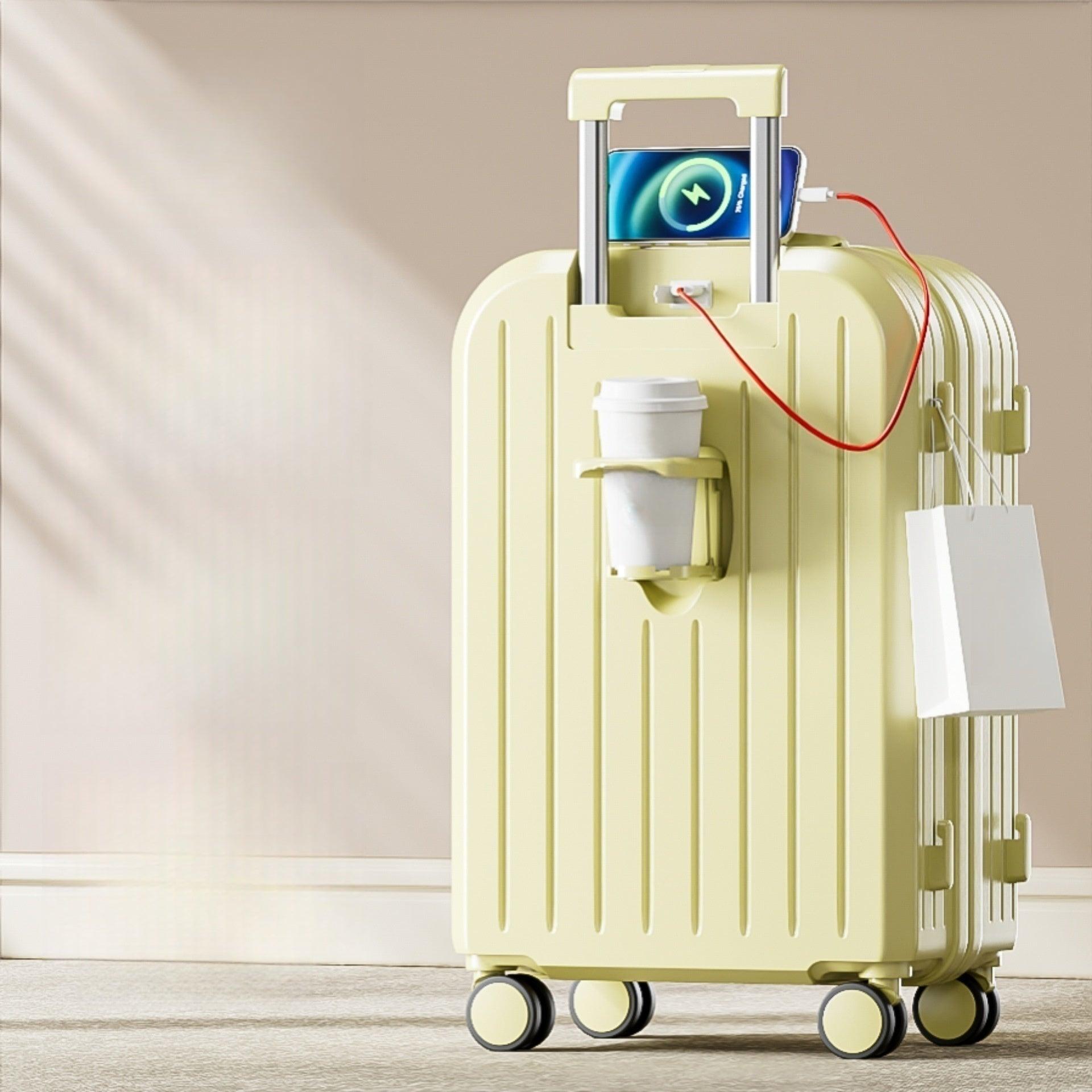 Multifunctional Smart Carry-On Suitcase with USB Port, Cup Holder & Spinner Wheels