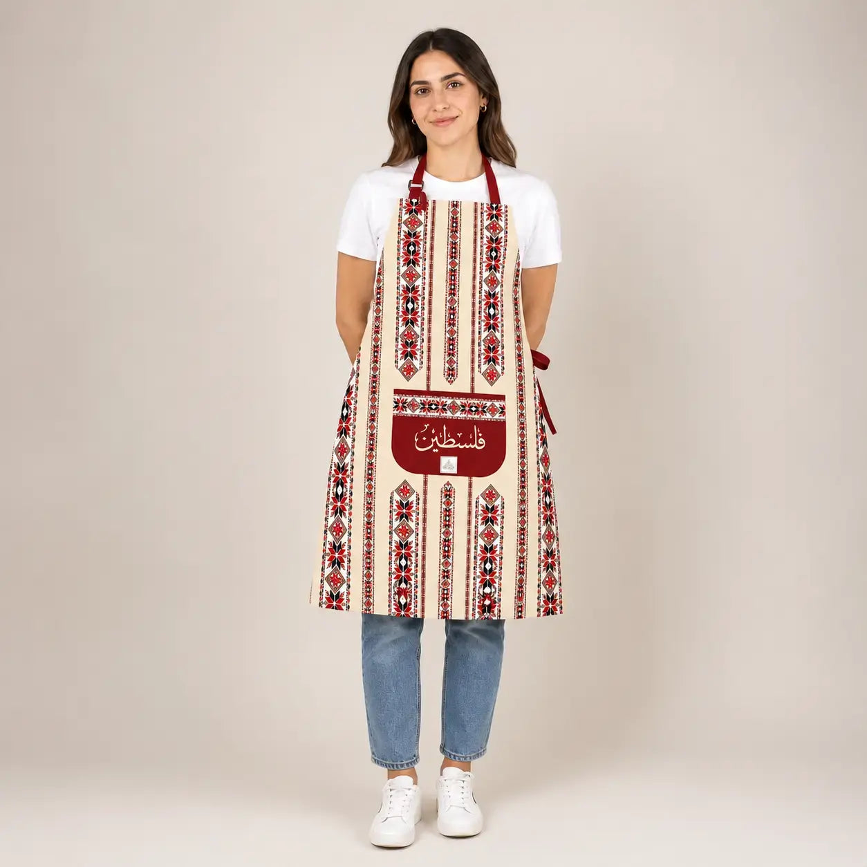 Palestinian Tatreez Cooking Apron – Traditional Embroidered Heritage Kitchen Apron with Pocket