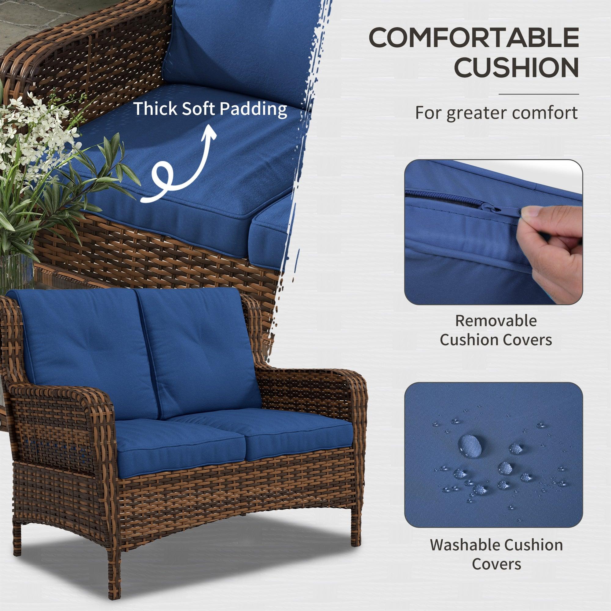 4 Piece Rattan Patio Furniture Set, Conversation Set with Swivel Glider Chairs Table Loveseat for Garden, Patio, Blue