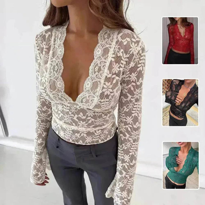 Flowers Lace Long Sleeve Top Y2K Fashion Slim Bottoming Crop Top for Women Casual Lace Top for Women