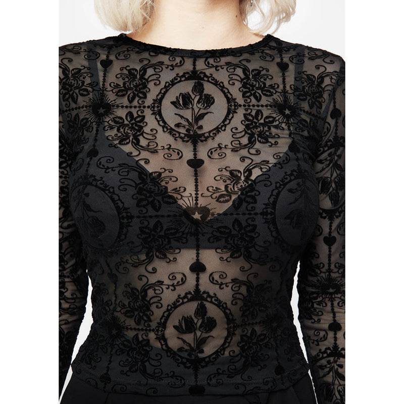 Elegant Slim-fit Tulip Flocking transparent lace top bodycon top women