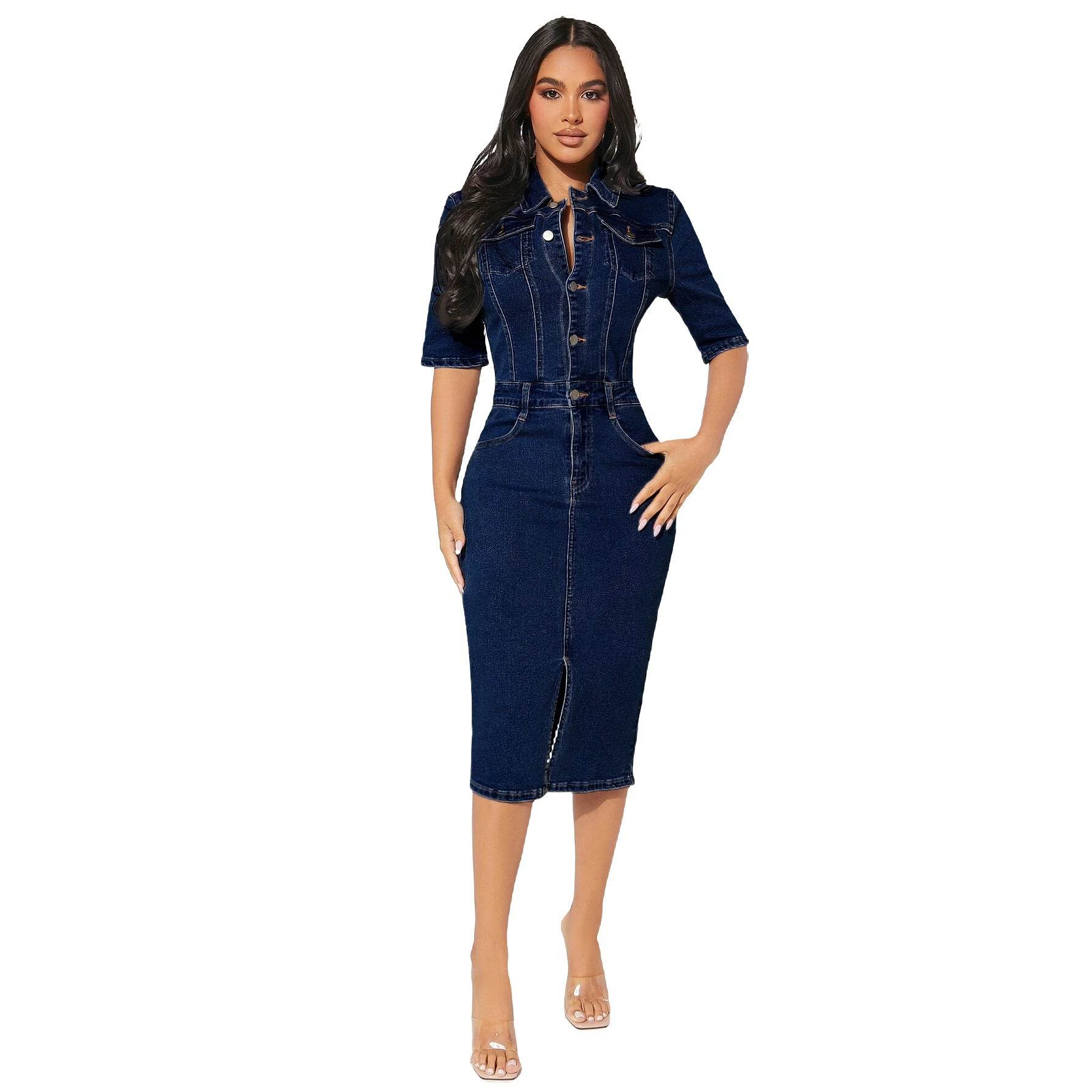 Women's Fashion Personality fitted Denim Hip-wrapped Jeans Midi straight cut front split Dress