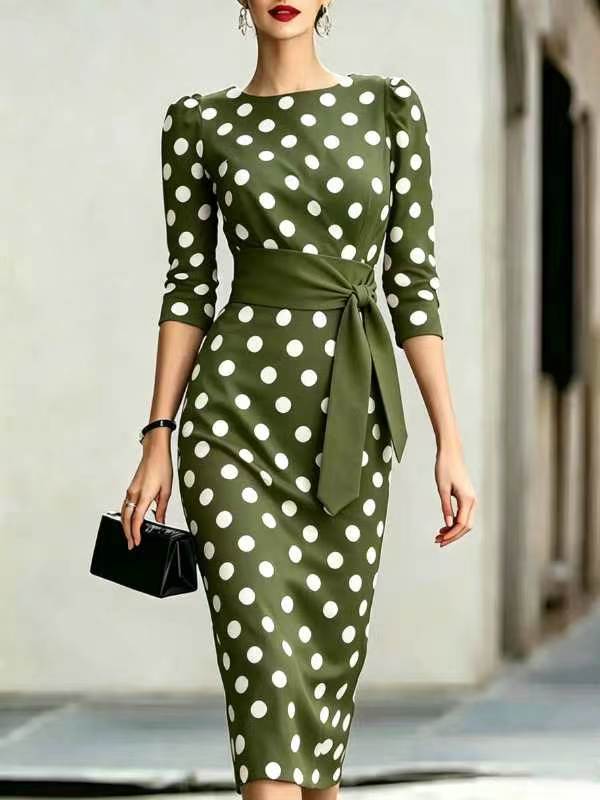 Retro Polka-Dot Belted Bodycon Dress – Elegant Knit Midi Dress for Women Canada