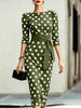 Retro Polka-Dot Belted Bodycon Dress – Elegant Knit Midi Dress for Women Canada