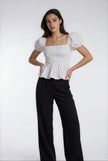 Sera – Cotton Poplin Puff Sleeve Peplum Blouse Top In White