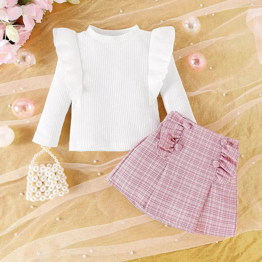 Newborn baby girl Cross-border Sunken Stripe Long Sleeve Classic Style Plaid Short Skirt Two-piece Set for baby girl