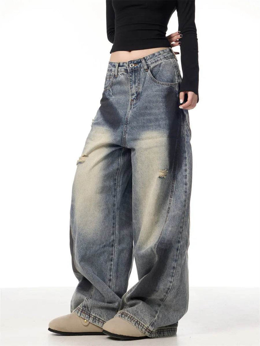 Splash Ink Ripped Machete Baggy Jeans Pant For Women Loose-fitting Wide-leg Trousers