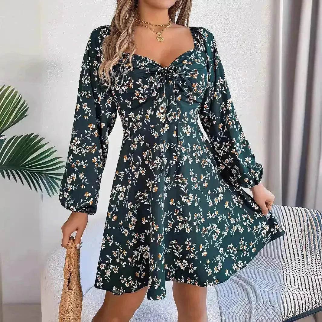 Casual Summer Floral Mini Dress Lantern Sleeve  Skater Dress