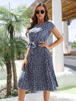 Casual Spring Summer Tie belt Pleated Floral Midi Dress