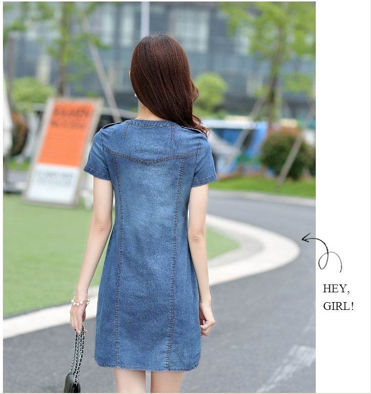 Women's Casual Denim Mini Dress – Loose Jean Dress in Dark Blue & Light Blue | Plus Size S–5XL