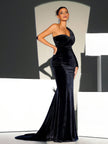 One-Shoulder Long Sleeve Sweatheart neck Velvet Mermaid Maxi Dress - Black