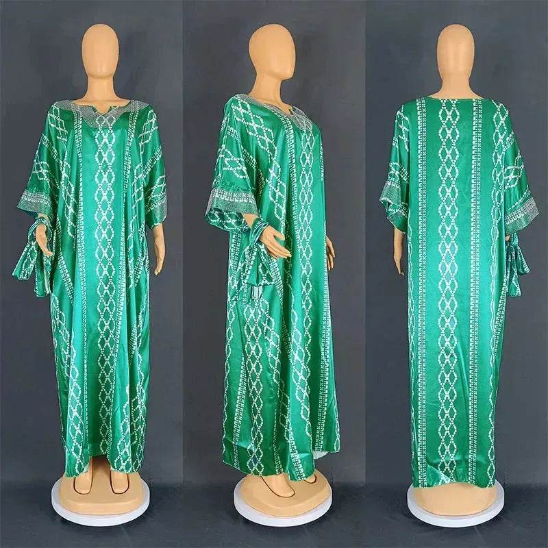 Middle East Striped Loose Robe African Dubai Arabic Satin Hot Drilling Stitching Abaya Buba Dress