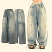 Washed Distressed Casual Loose Wide-leg Baggy Jeans Pant Splash-ink Design Slimming Unisex Style Mop Pants Men And Women