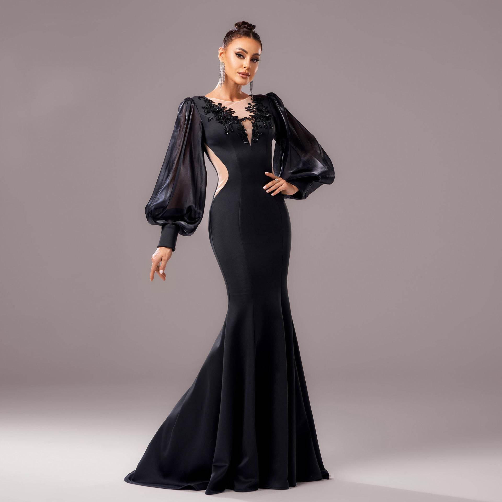 Lantern Sleeve Banquet Applique Sheath Fishtail Mermaid Dress