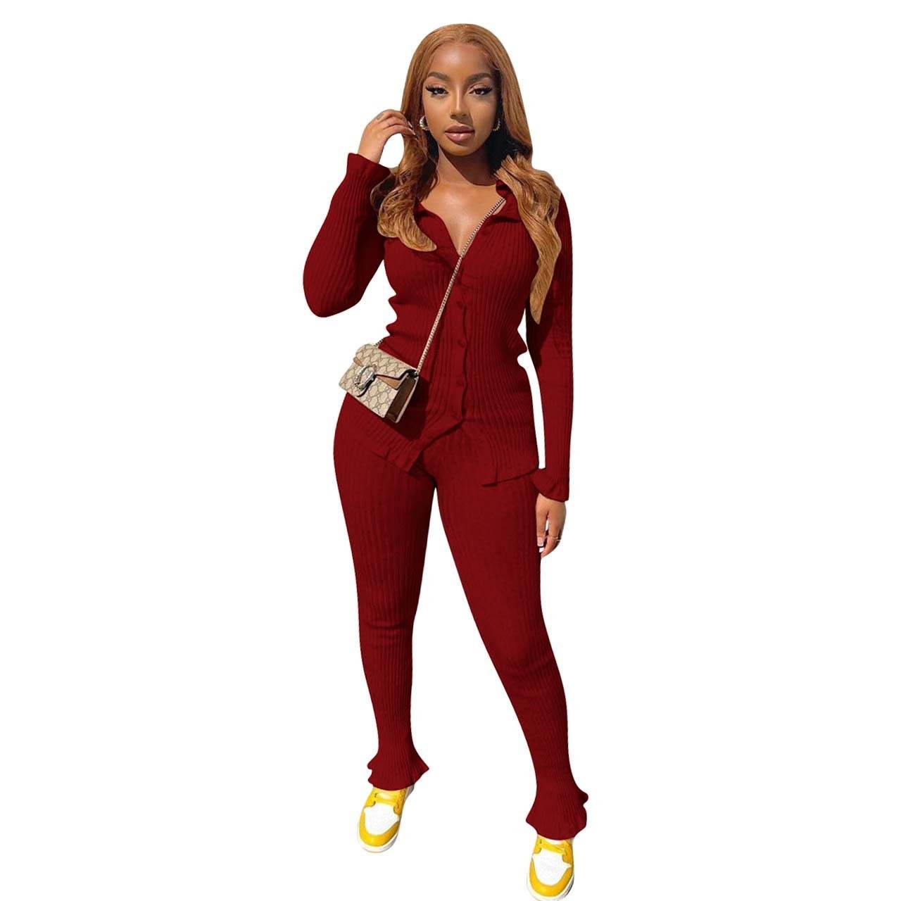 New Fashion Women Casual Slim fit Long sleeve Button down Athleisure wear 2pcs Outfit set