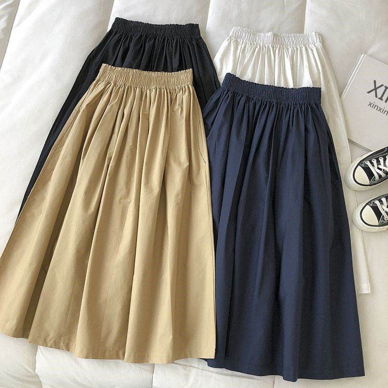 Solid Color Women Workwear Pleated Midi Skirt