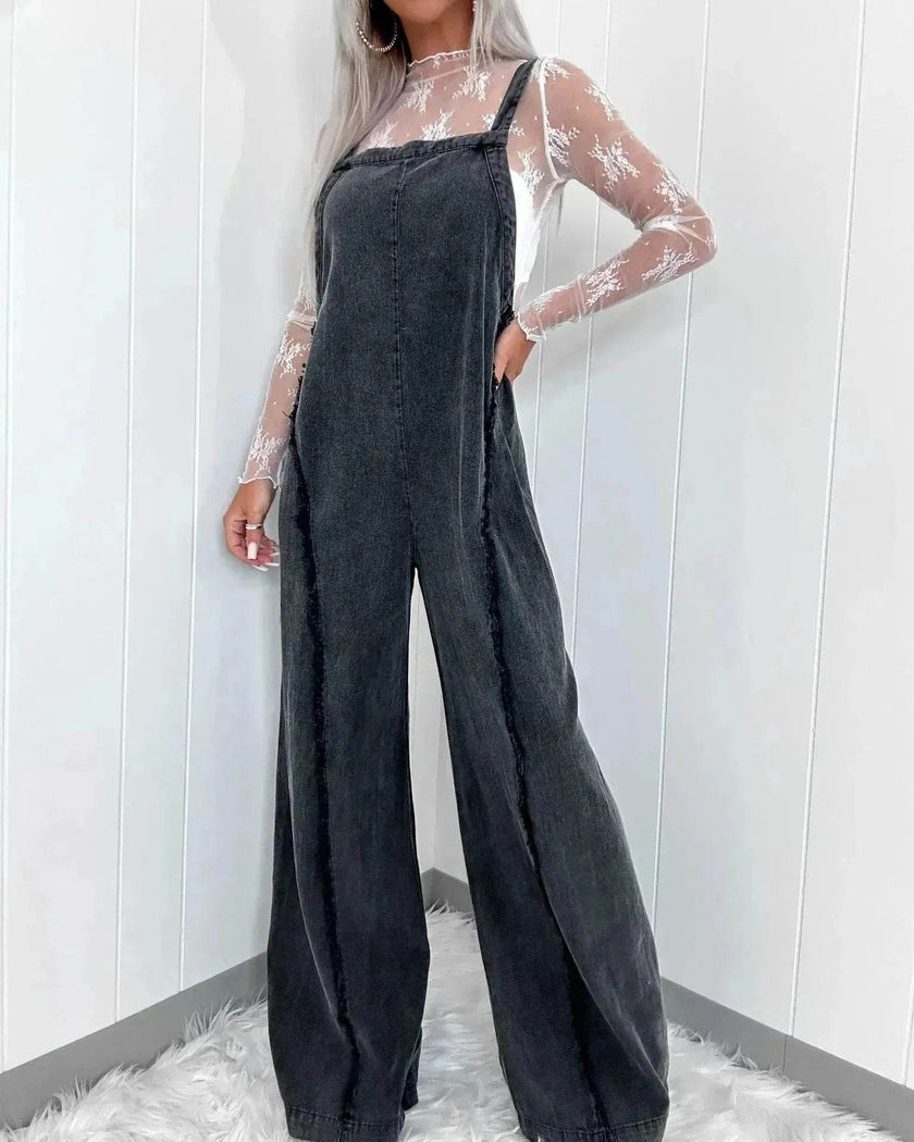 Retro Washed Raw Edge Denim Wide-leg Suspender Denim  Jumpsuit Baggy Denim Jeans Jumper