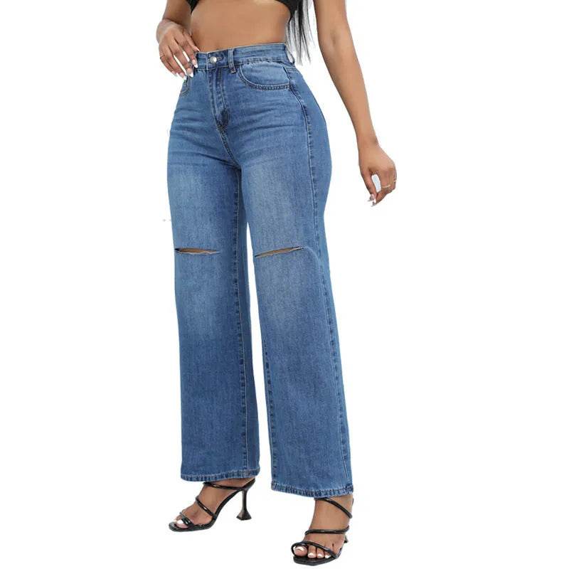Elegant Ripped Wide-leg Baggy Jeans Pant Women
