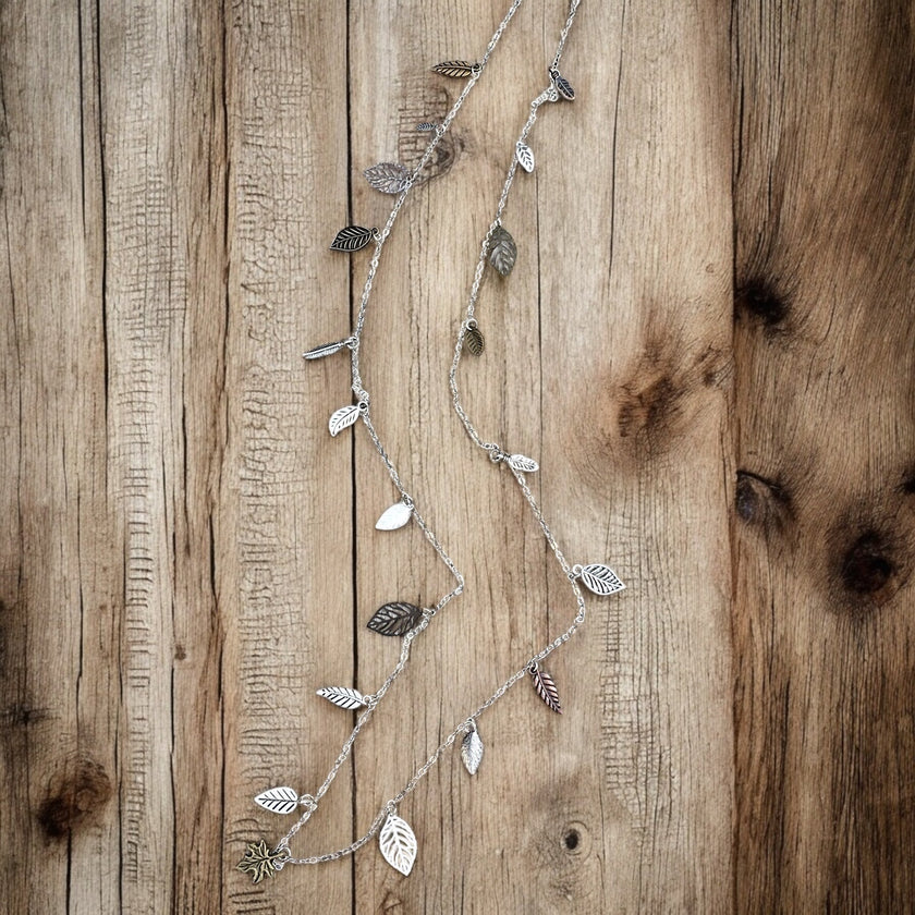 Waterfall Leaf Necklace – Long Layering Chain with Cascading Silver & Mixed Metal Leaves