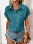 Lapel Shoulder Pleated Pocket Short Sleeve Top Shirt T-shirt Women