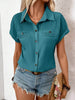 Lapel Shoulder Pleated Pocket Short Sleeve Top Shirt T-shirt Women