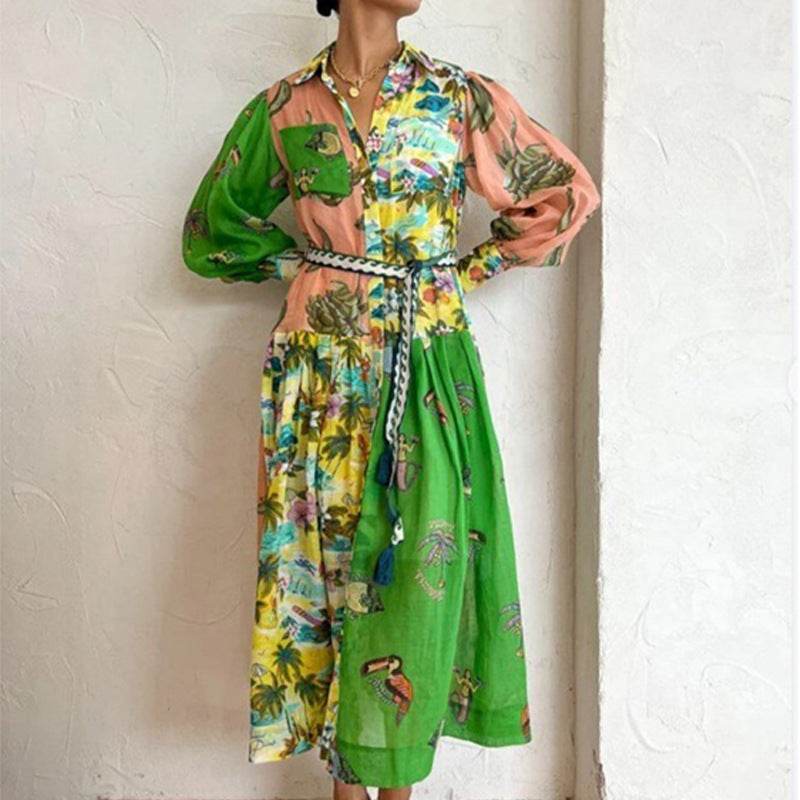 Floral Print Beach Dress – Women's Lantern Sleeve A-Line Midi Dress