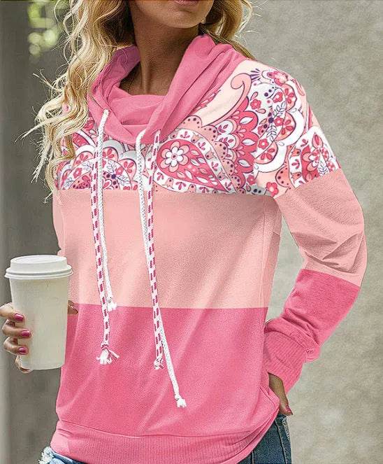 New Fashion Women's Pile Collar Printed Hoodie Pullover Top