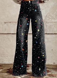 Women's Graphic Print Wide Leg Distressed Denim Pants – Plus Size Straight Leg Casual Jeans