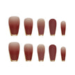 24-Piece 3D Gold-Plated Coffin Press-On Nails – Brown Gradient French Tips with Gel Glue & Nail File