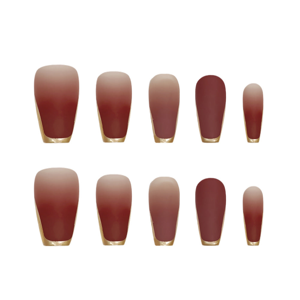 24-Piece 3D Gold-Plated Coffin Press-On Nails – Brown Gradient French Tips with Gel Glue & Nail File