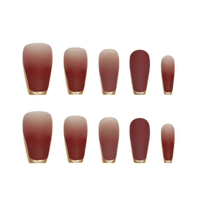 24-Piece 3D Gold-Plated Coffin Press-On Nails – Brown Gradient French Tips with Gel Glue & Nail File