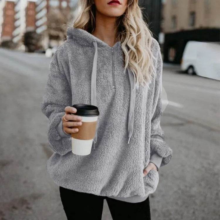 Women's Polerones Fleece Hoodie Pullover fall Winter Zipper Pocket Sweatshirt