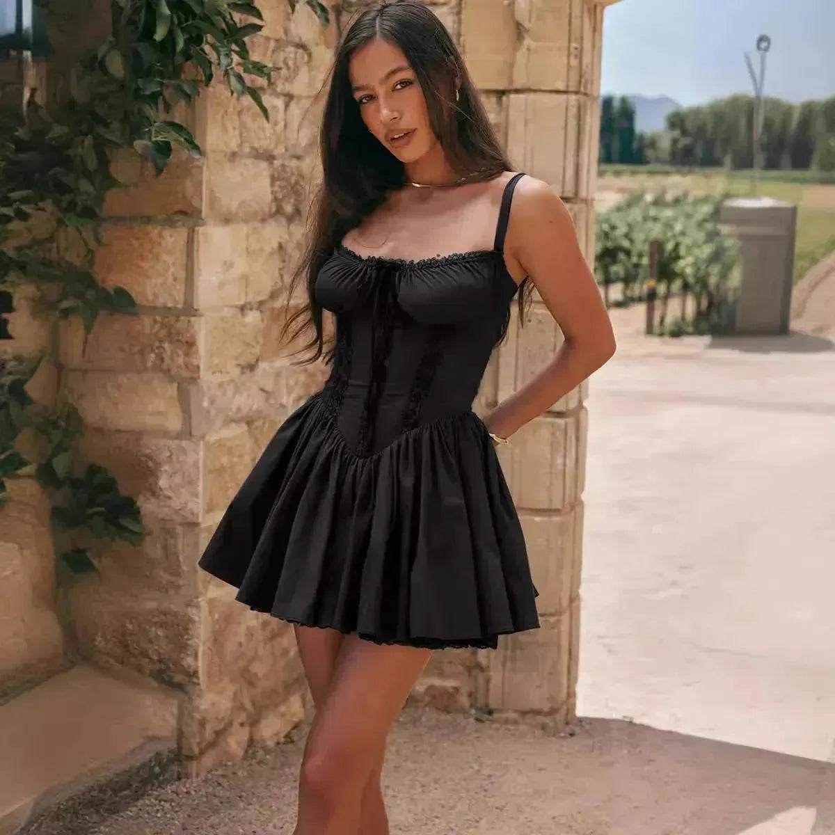 Elegant Chic Women Suspender Mini Skater Dress Summer Fashion Lace-up Slim Waist Pleated Short Dresses For Evening Party Cocktail Occasions